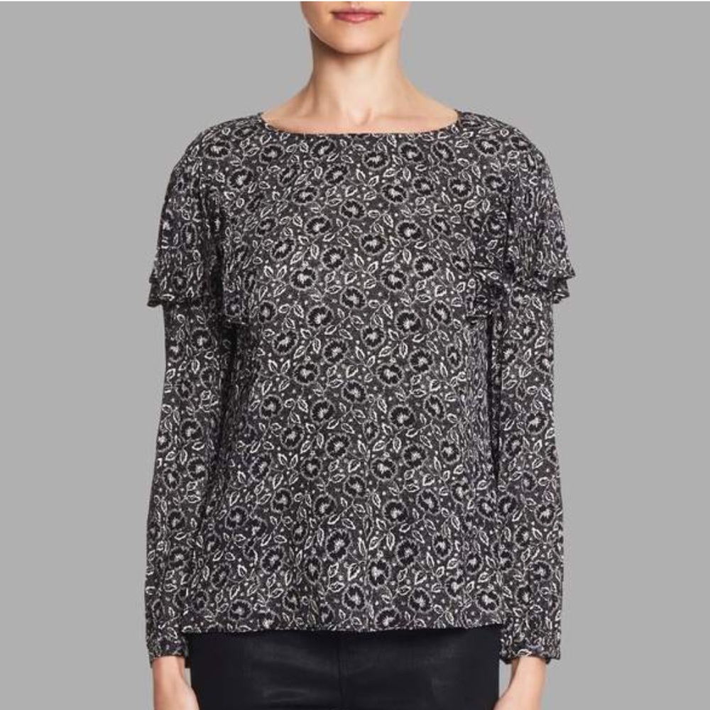 NWT REBECCA TAYLOR BLACK / WHITE FLORAL SILK BLOUSE W/ RUFFLES AT THE SHOULDER